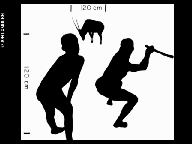 Silhouettes of figures depicting two humans, one with a stick-like weapon in hand, hunting a four-legged mammal from a distance