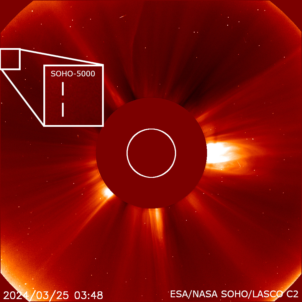 An image from the SOHO spacecraft shows the Sun covered by a red disk. A white circle within that disk shows the size of the Sun. Around the disk, white and orange streamers in the solar corona extend away from the Sun. In the upper left, a small white box opens up into a larger white box that has 