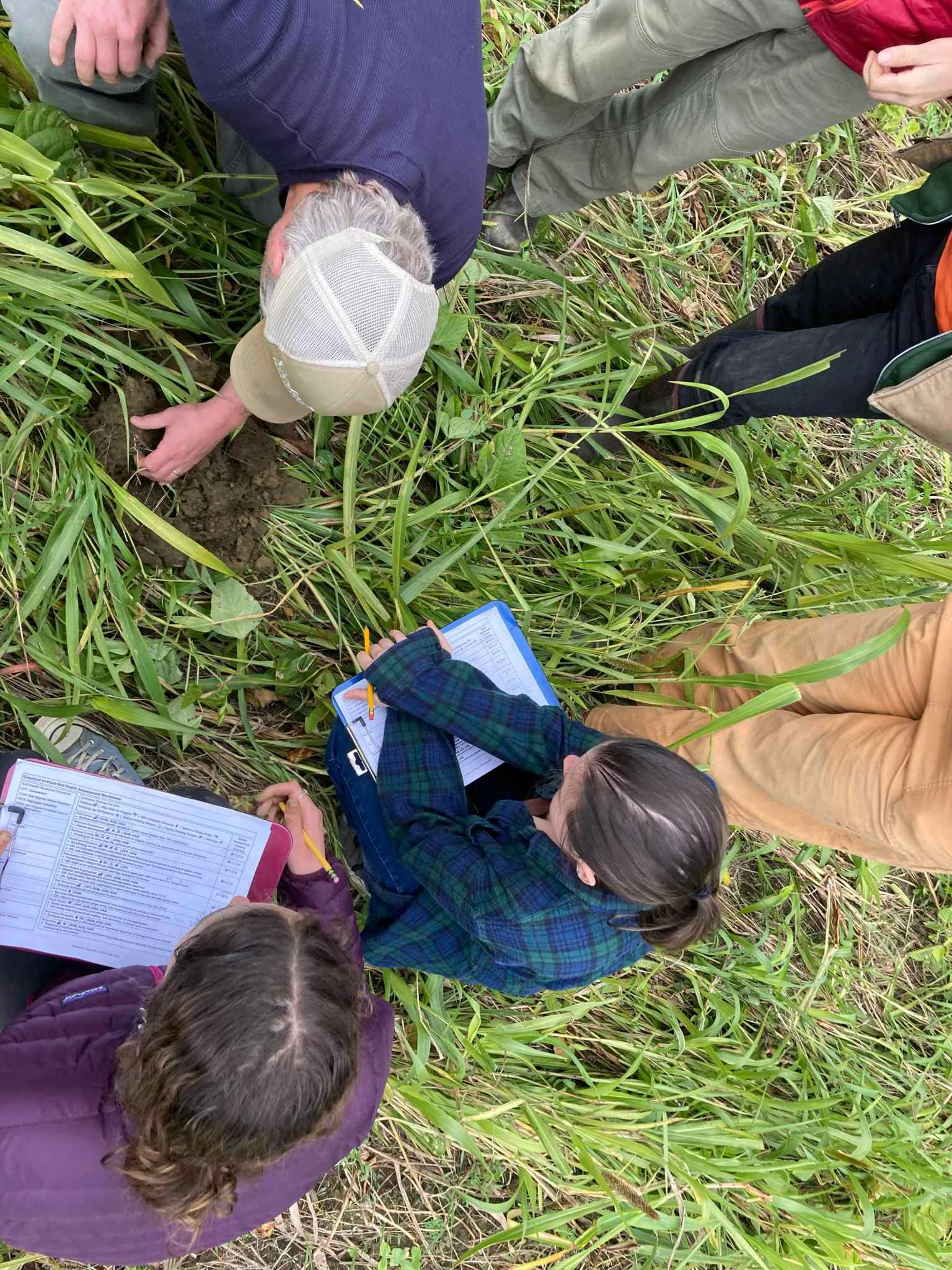 The image is an overhead view of a group of six people who are gathered together in a small grassy area. One area of grass has been cleared so that the group can access the soil below. We see the tops of the heads of one adult whose hands are shown turning over soil. We see the tops of heads of two youth who are kneeling next to the exposed soil. Each is holding a clipboard with a piece of paper that features a data collection protocol. We see only the legs and feet of three more youth who are standing above the group kneeling and working with the soil.