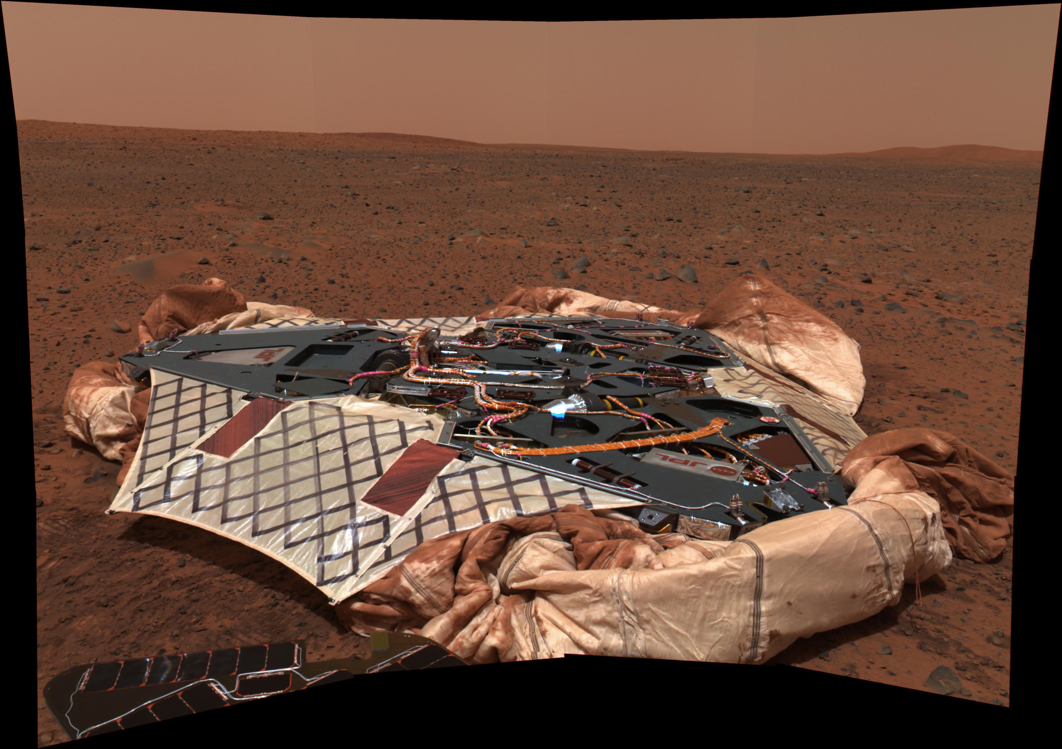 Spirit's landing platform is surrounded by crumpled airbags in this photo of the landing site.