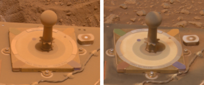 One image shows the rover sundial caked in dust; the other shows it much cleaner.