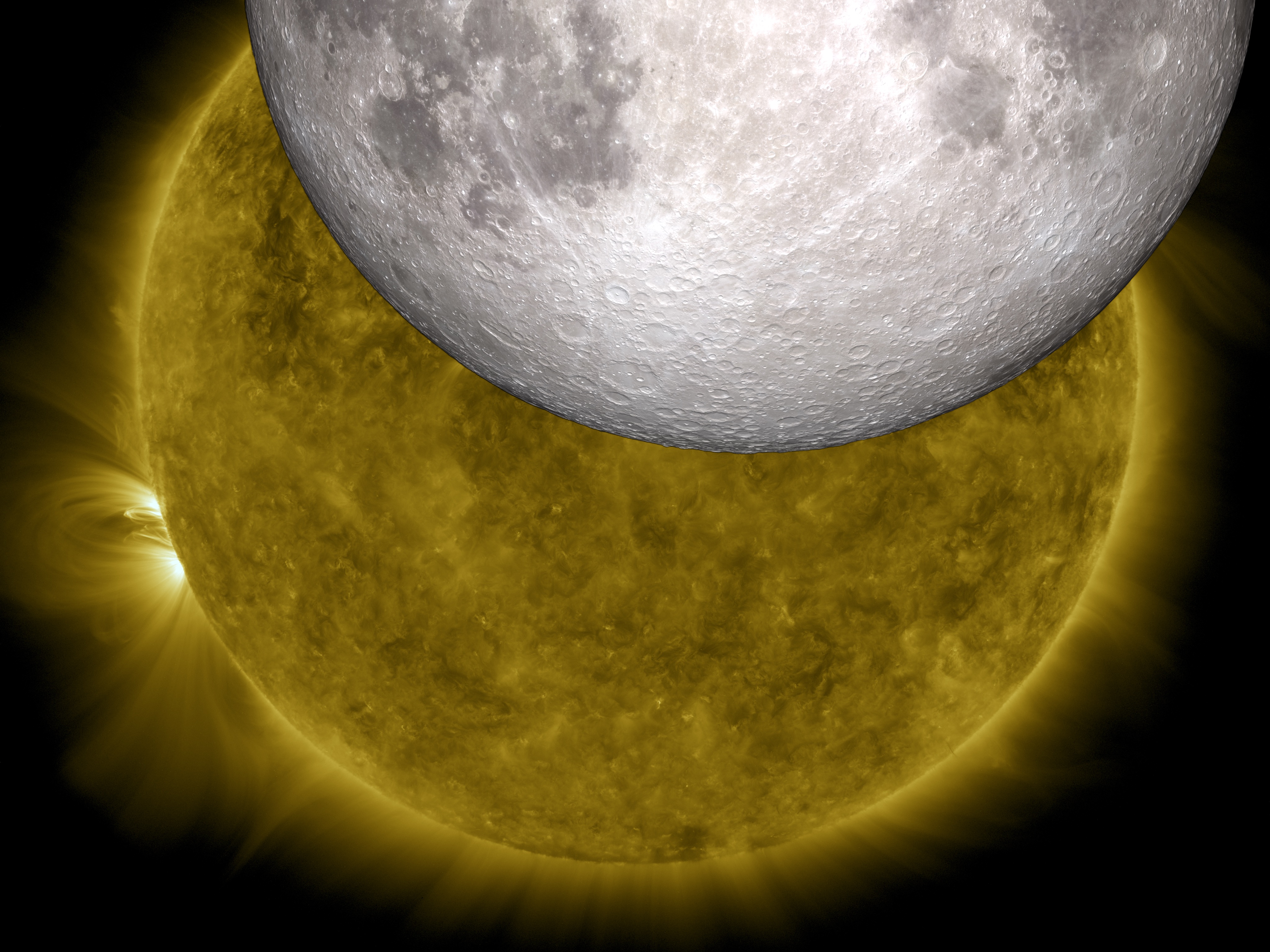 Composite image showing a detailed, fully lit Moon moving across a the Sun's swirling yellow surface.