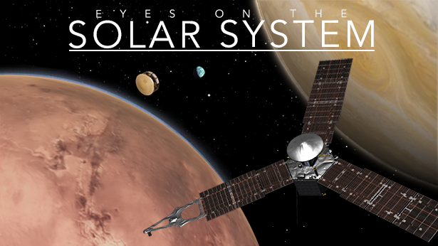 Eyes on the Solar System banner displaying Juno spacecraft in the bottom right, Mars 2020 EDL on the left, Mars in the bottom left and Jupiter in the top right. We can see The Earth in the distance.