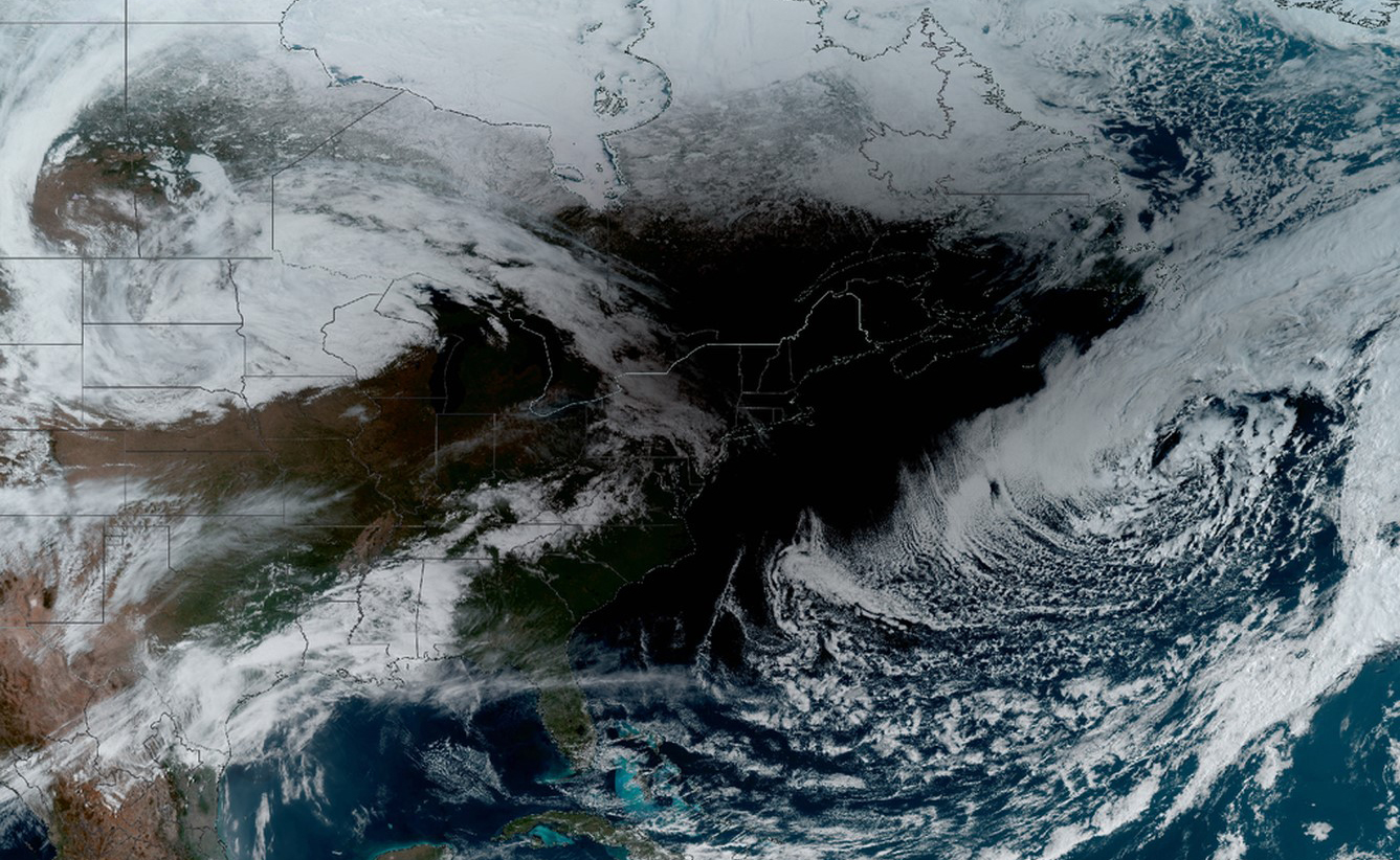 The NOAA-NASA GOES-East satellite captured this image of the Moon’s shadow sweeping across the United States on April 8, 2024. This image was taken at 3:30 pm Eastern time, when the total eclipse was over the northeastern U.S. and Quebec, Canada.