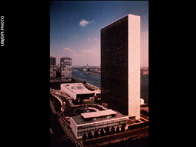 The United Nations building, a tall structure, photographed in daylight