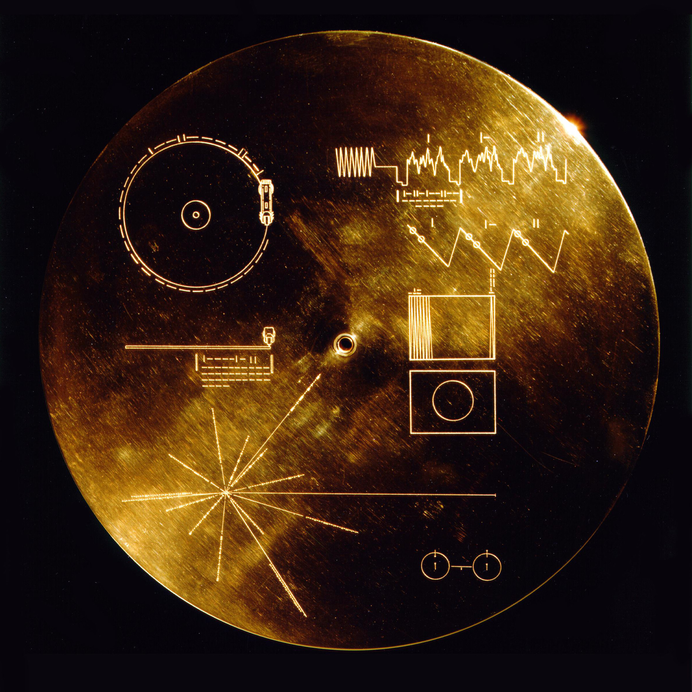 A round gold plate featuring diagrams that explain how to play a phonograph record and the location of Earth.