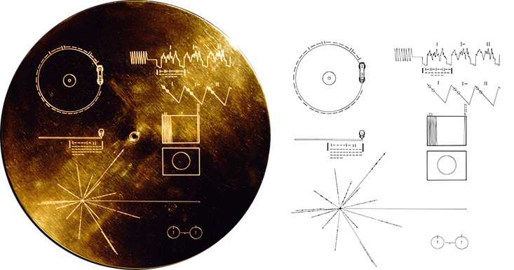 Diagram of the Golden Record cover shown with its extraterrestrial instructions that are etched on the front