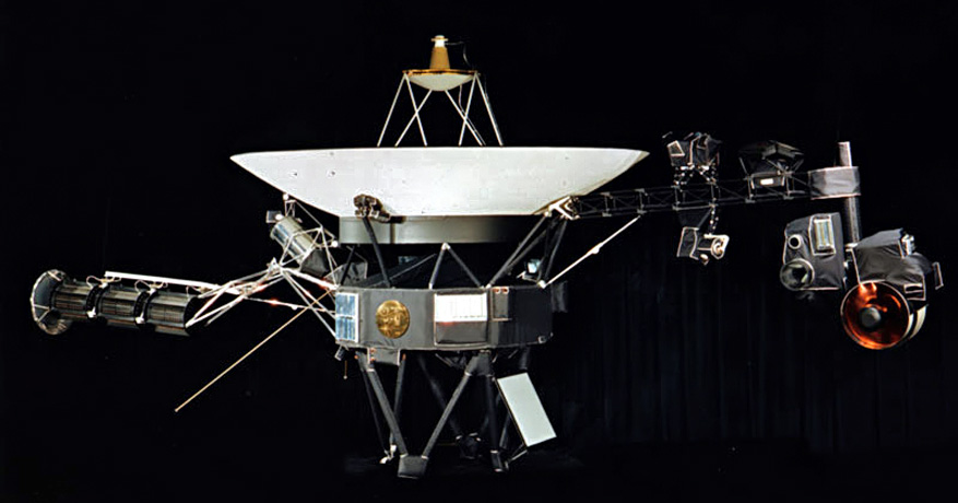 Body of the Voyager spacecraft, turned to show the location of the Golden Record plaque mounted on it