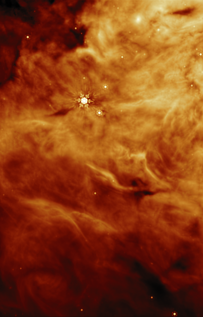 An image of a region of a molecular cloud. The orange cloud is dense and bright close to the top of the image, like rolling clouds, and grows darker and more wispy toward the bottom and in the top corner. One bright star with six short diffraction spikes and several dimmer stars are visible as light spots among the clouds.