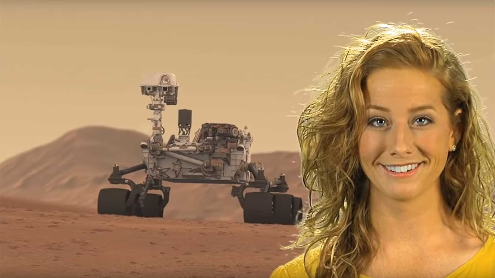 A smiling woman is superimposed on a graphic of a Mars rover.
