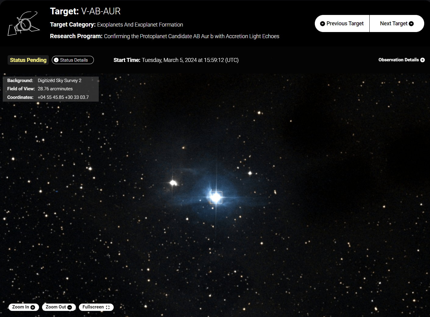 Screen shot of the "What is Hubble Observing?" tool. Black background with a bright-white, star like region at image center surrounded by a light blue cloud.