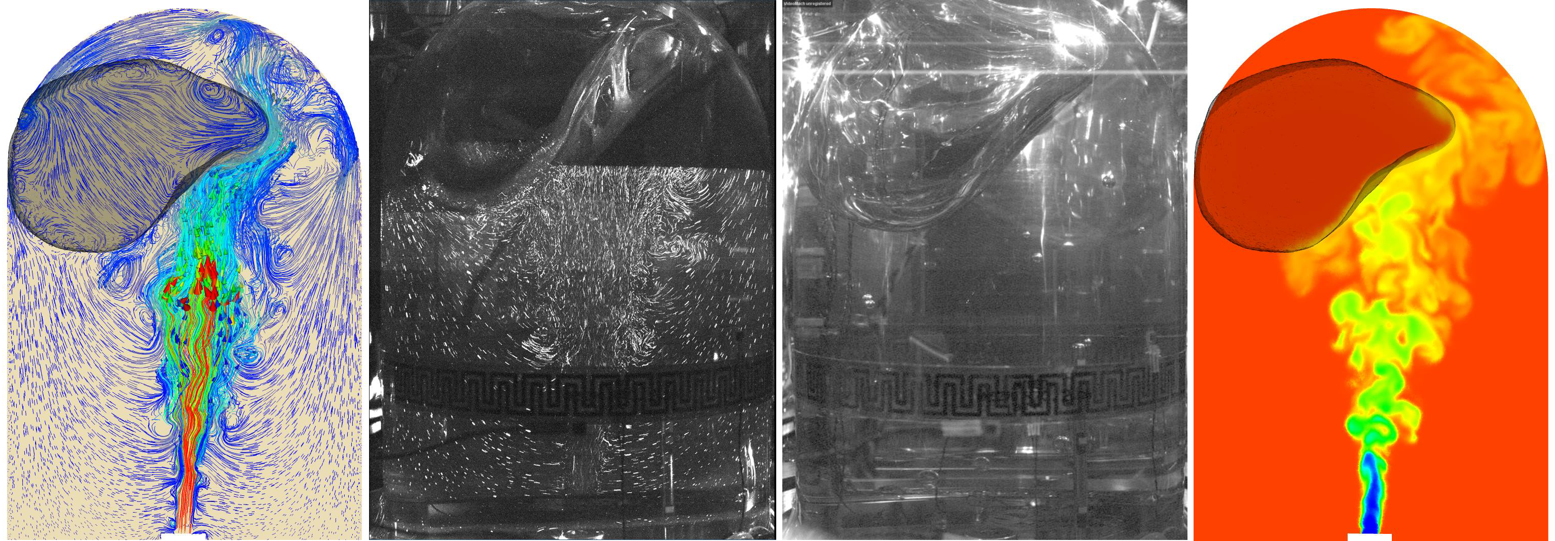 Four pictures side-by-side showing the results of a ZBOT pressure control jet mixing experiment in microgravity. The first picture shows a jet flow distinguished by blue, yellow, and red colored flow pathlines emanating from a flow nozzle in the bottom of the tank. The jet flow impinges on the ullage from below and deforms the ullage that was initially spherical into a shape that resembles the head of a bird with a pointed beak projected to the right. The second picture an experimental image captured by the Particle Imaging Velocimetry diagnostics. Tiny micron-sized particles illuminated by a laser sheet form shiny steak lines against a black background that displays the path of the fluid motion. The experimental pathlines resemble closely the CFD flow pathlines predicted by the CFD simulation as shown in the left-hand side picture. The third image shows a white-light image that captures the shape of the ullage positioned at the top left-hand side of the tank. This experimental image also shows the deformation of the ullage by the jet into a bird-head shaped figure confirming the shape and position of the ullage predicted by the CFD model. The last image shows the CFD prediction of the vortexed thermal structures that are created by the jet flow and represented by blue, yellow, and red temperature contours.