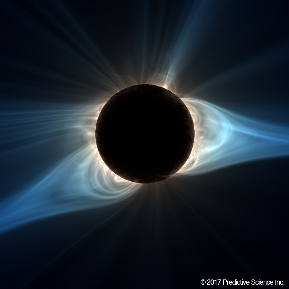 A model of the total solar eclipse from 2017 shows the solar corona with the magnetic field highlighted in white against a dark black background. The structures seen in the predictive model closely match the structures seen in the image of the actual corona.