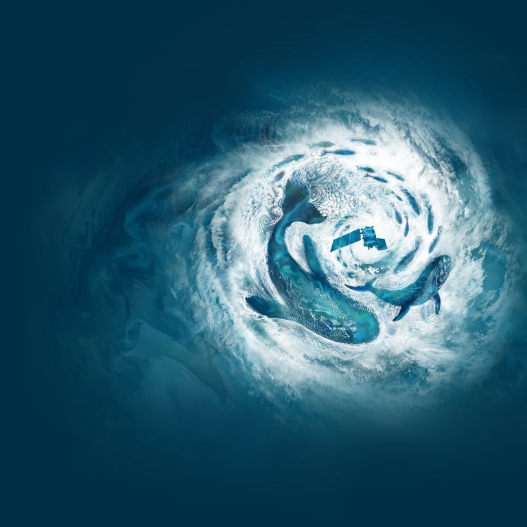 This 2024 Earth Day poster is an ocean themed vertical 15x30 illustration created from NASA satellite cloud imagery overlaid on ocean data. The white cloud imagery wraps around shapes, defining three whales and a school of fish. Swirly cloud patterns, called Von Kármán Vortices, create the feeling of movement in the composition. The focal point is a cyclone in the upper third of the poster. At the center flies the recently launched PACE satellite. The ocean imagery – composed of blues, aquas, and greens – is filled with subtle color changes and undulating patterns created by churning sediment, organic matter and phytoplankton.