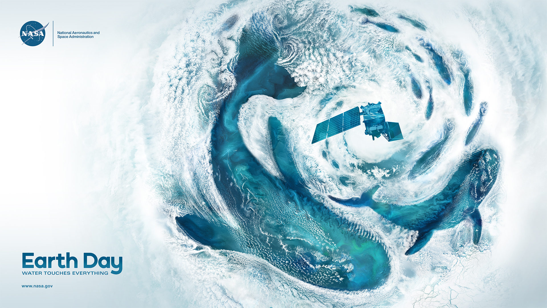 This 2024 Earth Day poster is an ocean themed vertical 15x30 illustration created from NASA satellite cloud imagery overlaid on ocean data. The white cloud imagery wraps around shapes, defining three whales and a school of fish. Swirly cloud patterns, called Von Kármán Vortices, create the feeling of movement in the composition. The focal point is a cyclone in the upper third of the poster. At the center flies the recently launched PACE satellite. The ocean imagery – composed of blues, aquas, and greens – is filled with subtle color changes and undulating patterns created by churning sediment, organic matter and phytoplankton.