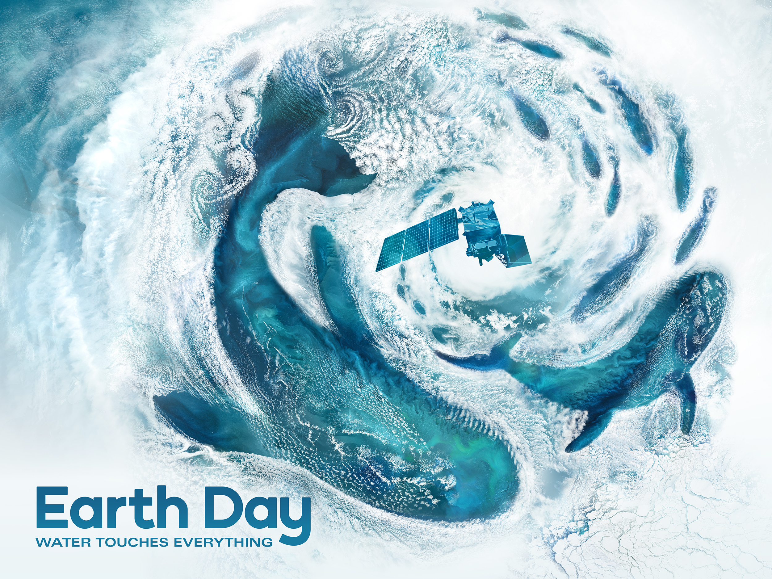 这张2024年地球日海报是一幅以海洋为主题的垂直15x30插图，由NASA卫星云图叠加在海洋数据上创建。白云图像围绕着形状，定义了三条鲸鱼和一群鱼。旋转的云图案，称为冯·卡曼漩涡，在构图中创造出运动的感觉。重点是海报上三分之一处的飓风。在中心飞行着最近发射的PACE卫星。海洋图像由蓝色、浅绿色和绿色组成，充满了微妙的颜色变化和起伏的图案，这些图案是由翻腾的沉积物、有机物和浮游植物形成的。