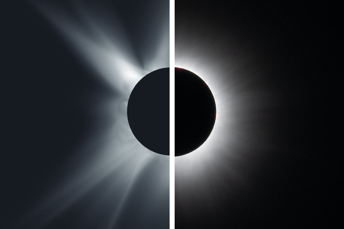 An image comparing a solar corona model on the left and an actual image of the solar corona on the right. A white line vertically cuts through the middle of the image.