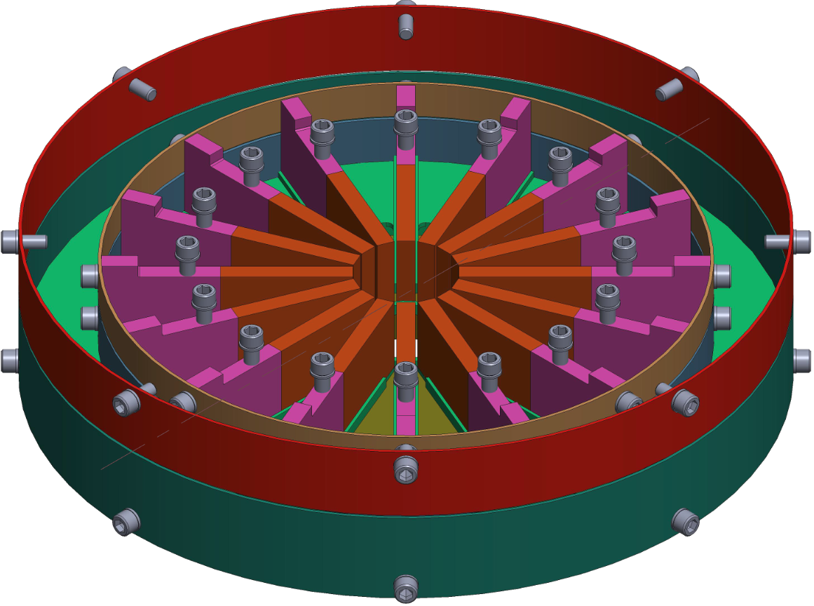 A structure consisting of two concentric rings. The inner ring is divided into 16 equally sized regions by orange and pink rectangles that radiate from the center of the ring.