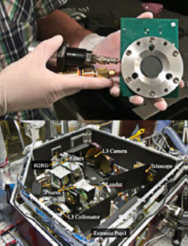 Top image: ferrofluid deformable mirror prototype built during the fellowship.
Bottom image: CHARIS integral field spectrograph observing exoplanets at Subaru Telescope.