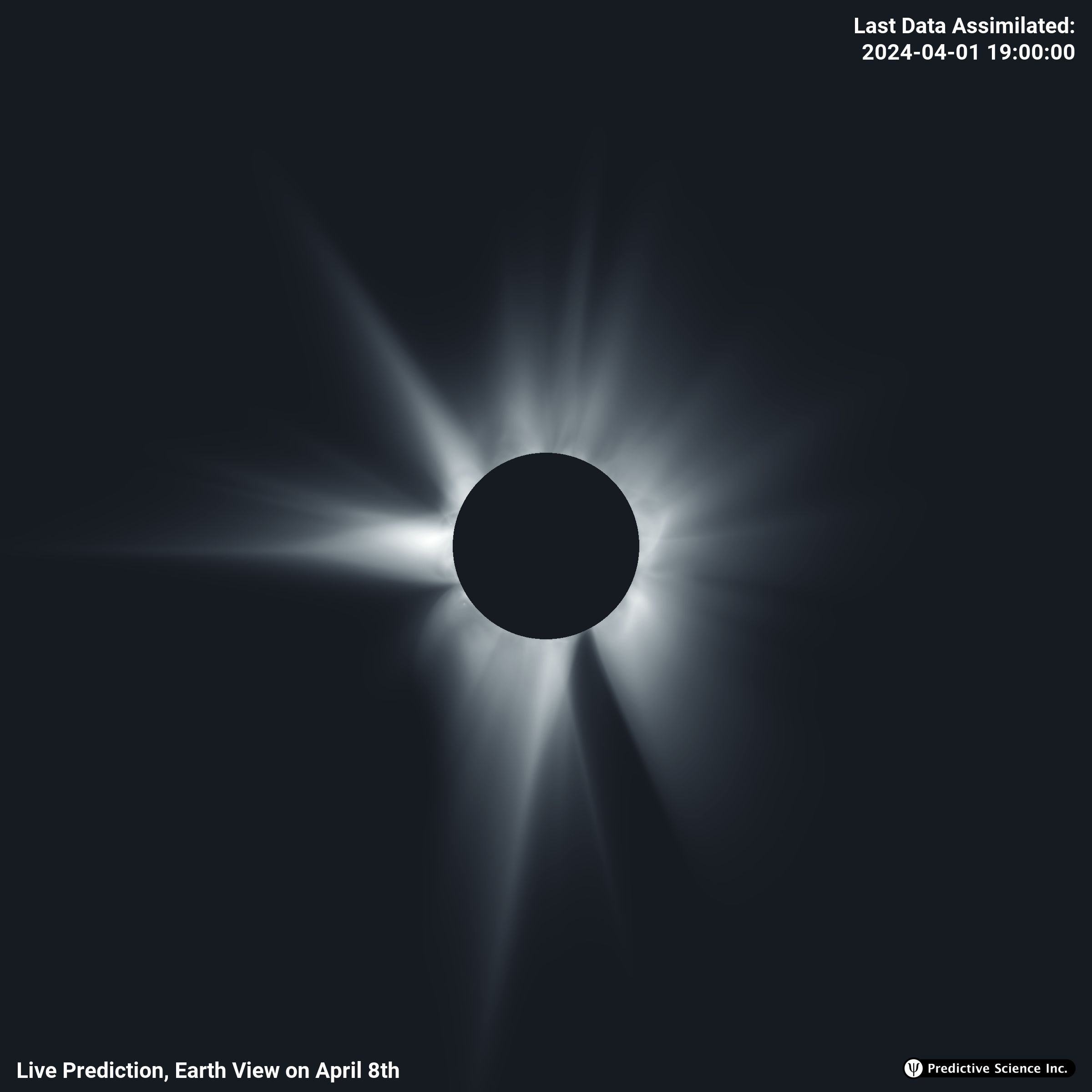 A model showing the evolution of the solar corona prediction for April 8, 2024. It shows the solar corona as white light with defined structure encircling a black disk. The structured light ripples and changes throughout the animation, which represents coronal predictions.