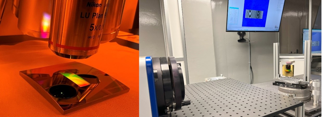 Customized cylindrical grating patterned with electron-beam lithography being examined with a microscope and an interferometer.