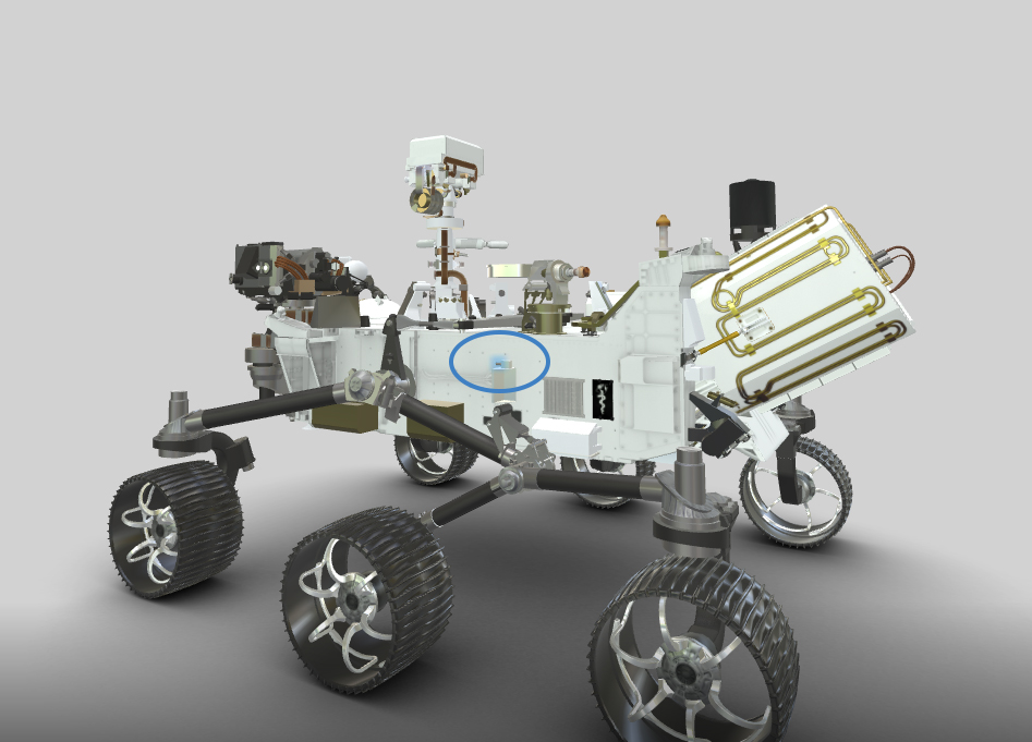 The EDL microphone, highlighted in blue, attached to the left side of the Perseverance rover.