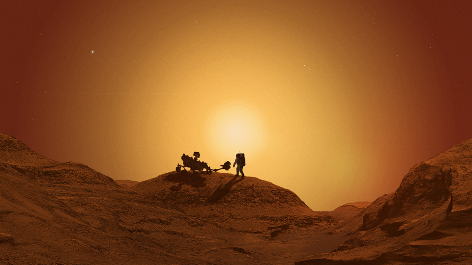 An astronaut and a robot work together on a craggy ridge at sunset on Mars.