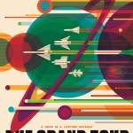 A fleet of spacecraft zoom across Jupiter and Saturn is this futuristic take on racing posters.