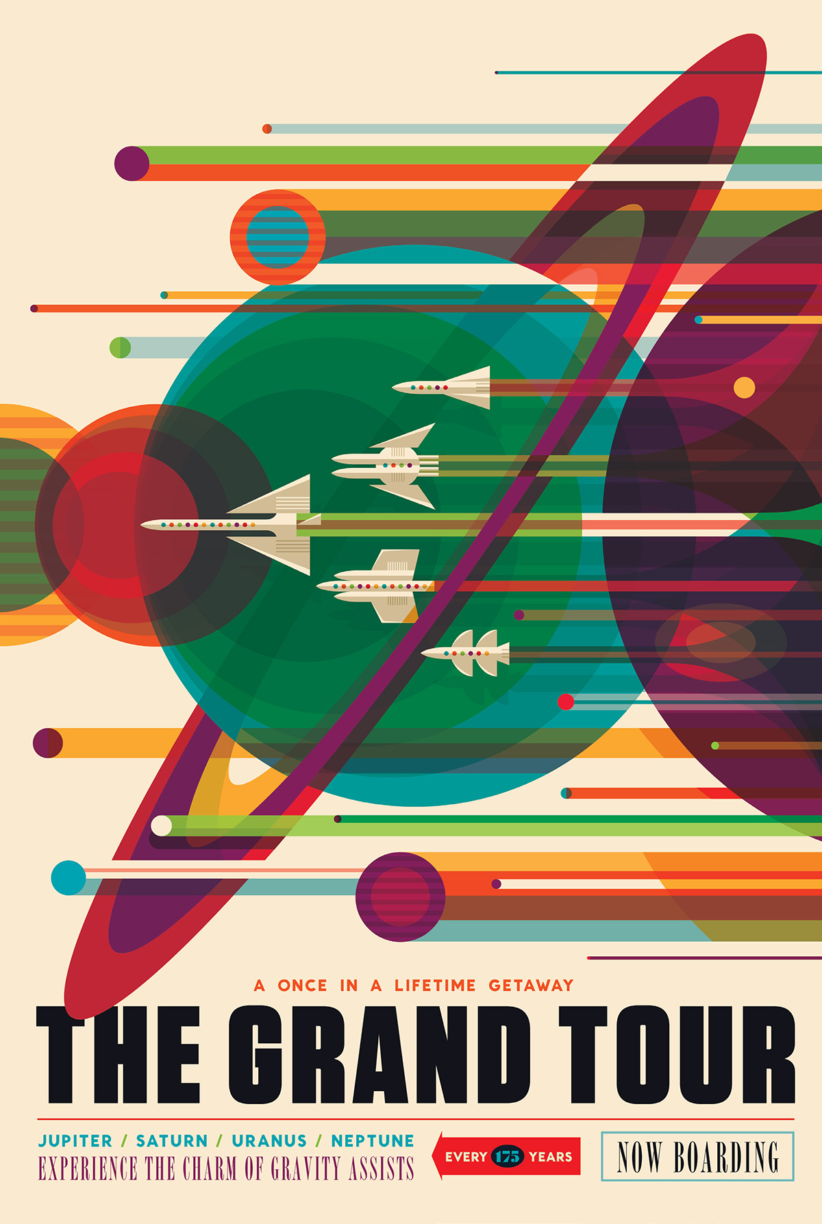 A fleet of spacecraft zoom across Jupiter and Saturn is this futuristic take on racing posters.