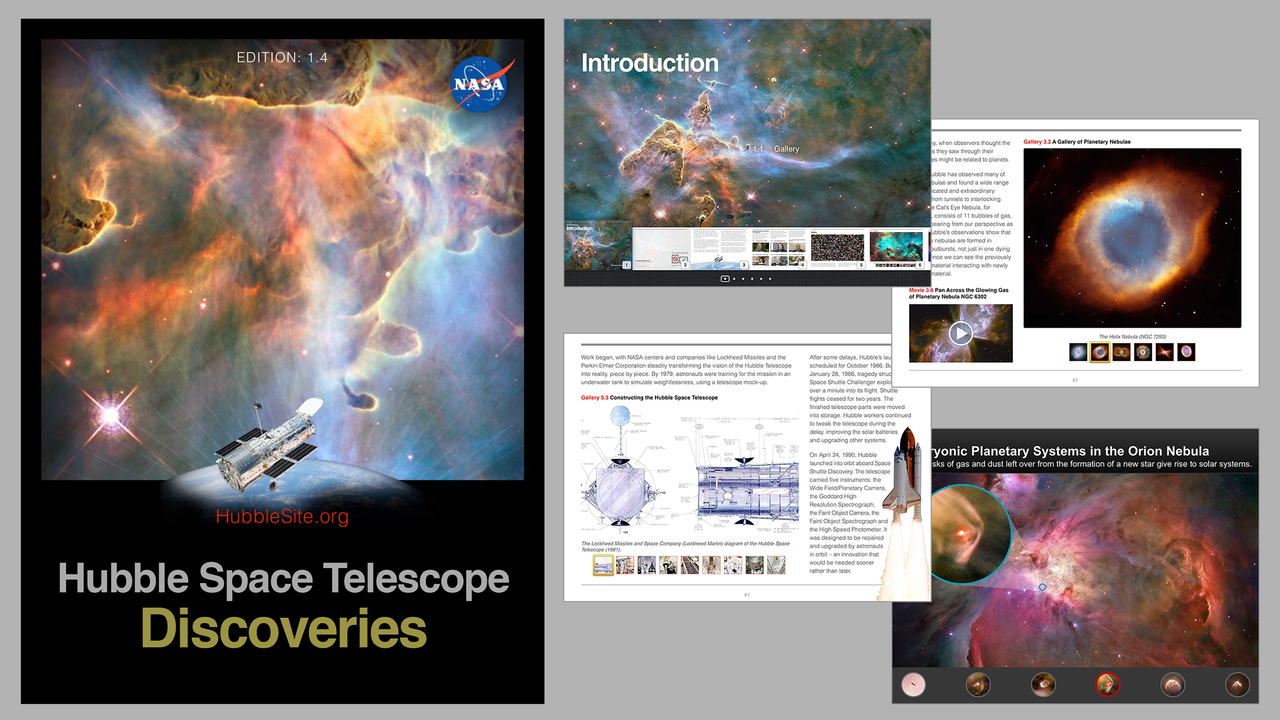 Hubble Space Telescope e-book. Left side of the image showcases the cover. Right side of the image showcases pages and images in the book.