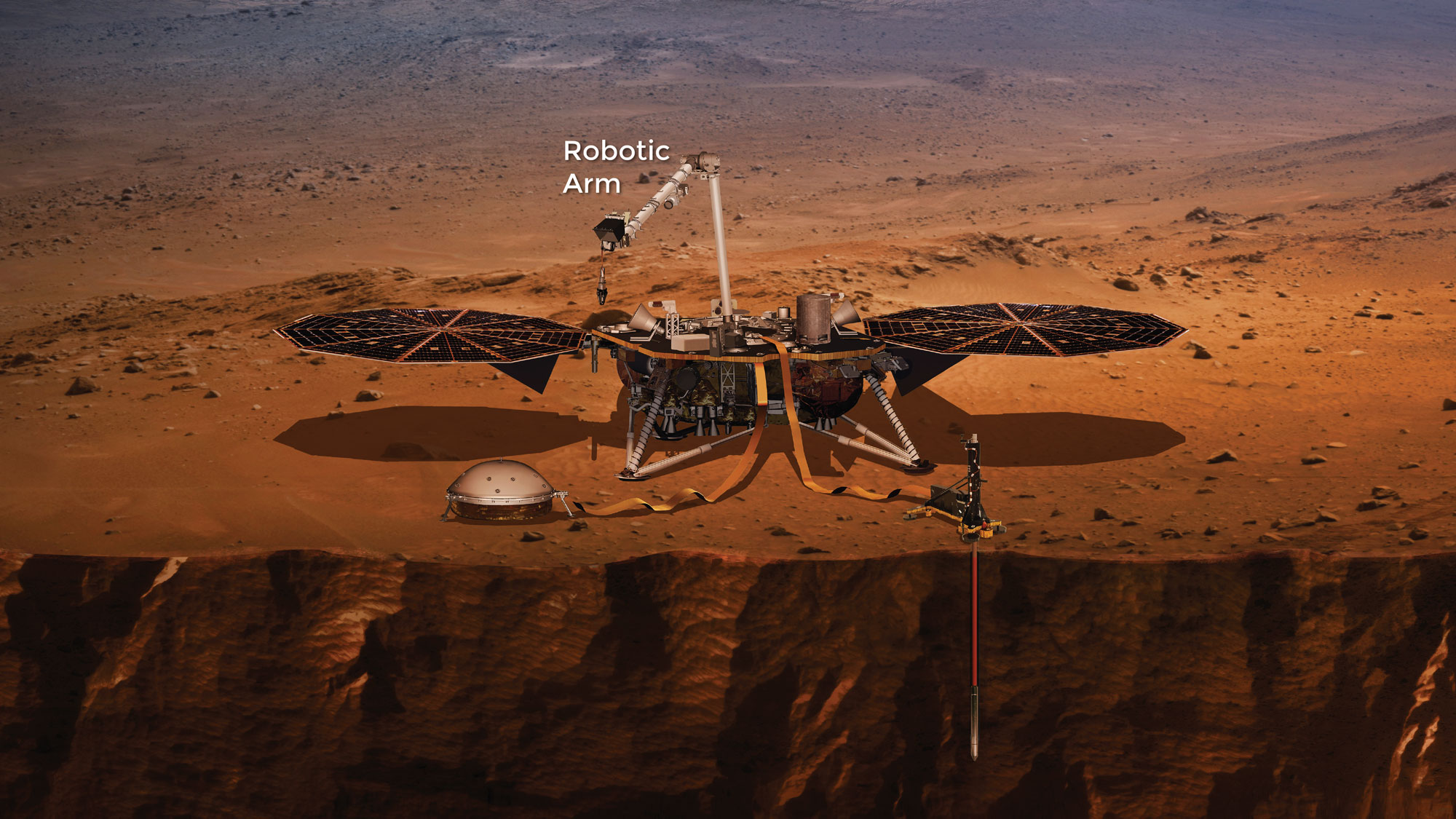The robotic arm of the InSight Lander, indicated on an artist's concept of the lander
