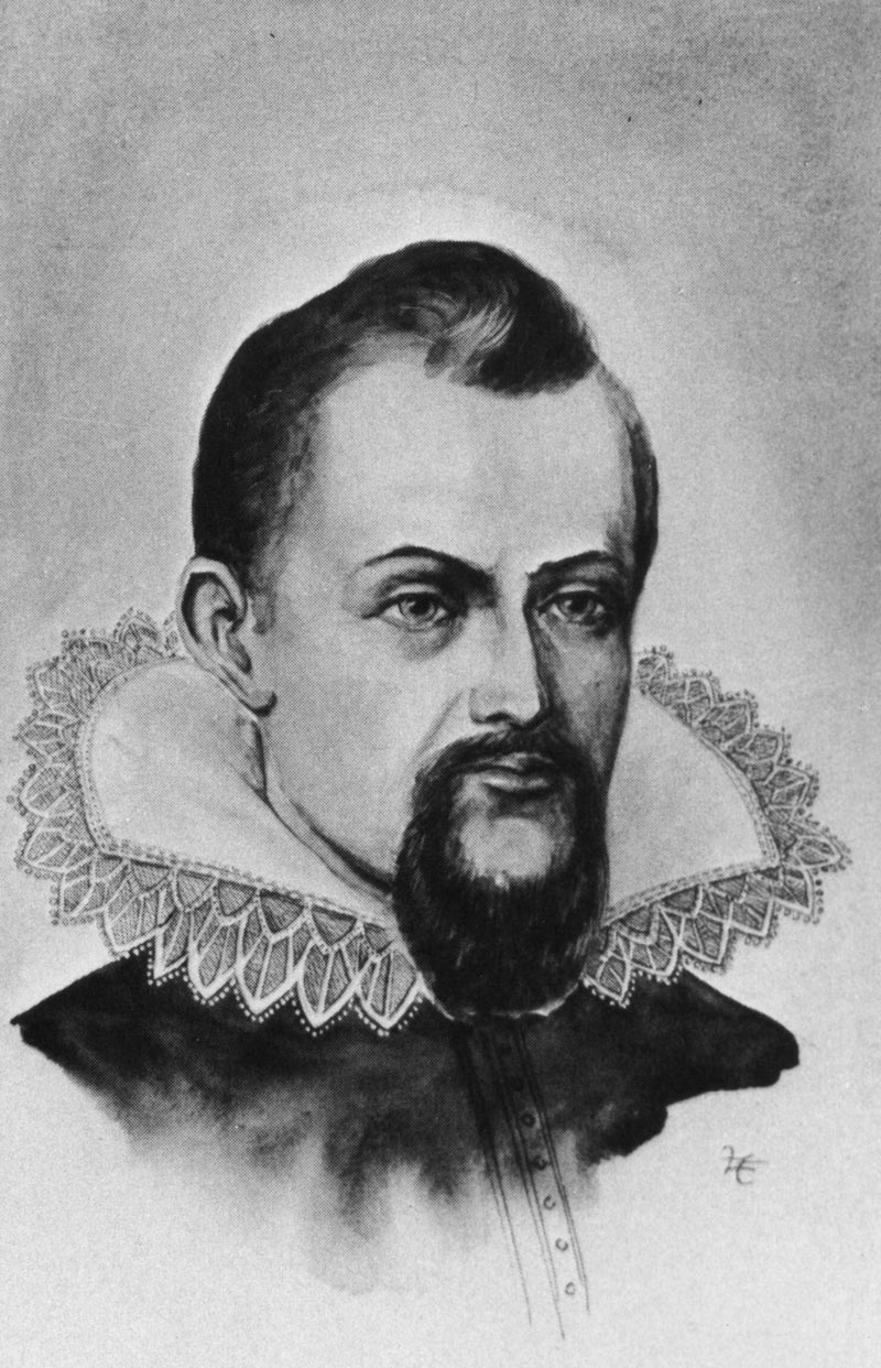 A black and white drawing of Johannes Kepler showing him with dark hair, a mustache and beard, and wearing a high collar shirt with lace around the edges.