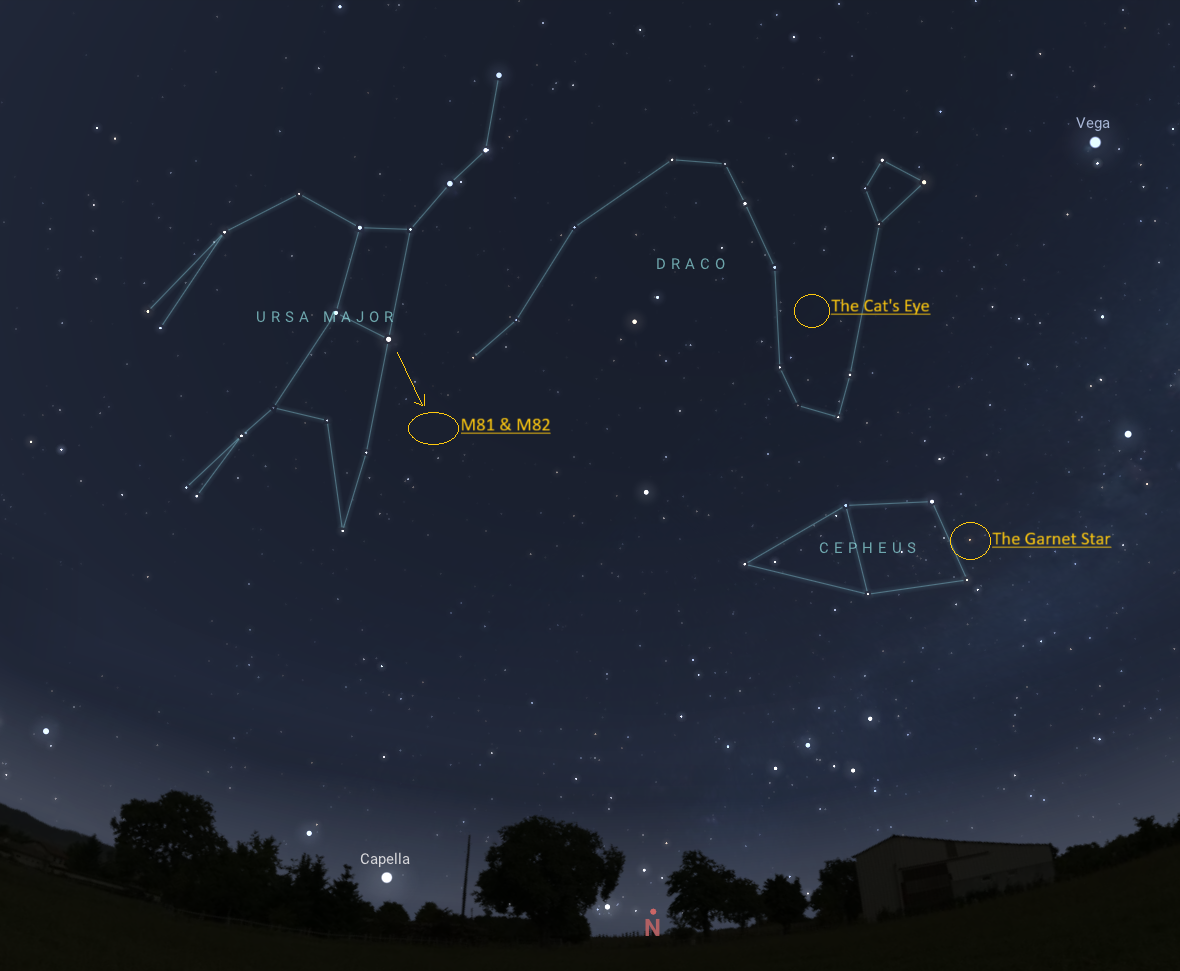 Constellations in the sky at night noting the galaxies M81 and M82, the Garnet Star, and the Cat's Eye nebula.