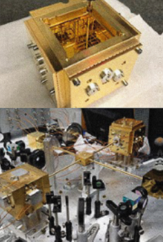 Mock-up of the LISA Gravitational Refence Sensor (top) used to test the charge control and acceleration noise performance of the instrument. The UF torsion pendulum facility (bottom) used in conjunction with the GRS mock-up to simulate precision free fall and to enable small force measurements.