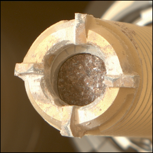 The partially illuminated core is visible in this image of Perseverance’s coring bit. The diameter of the core is 1.3 cm.