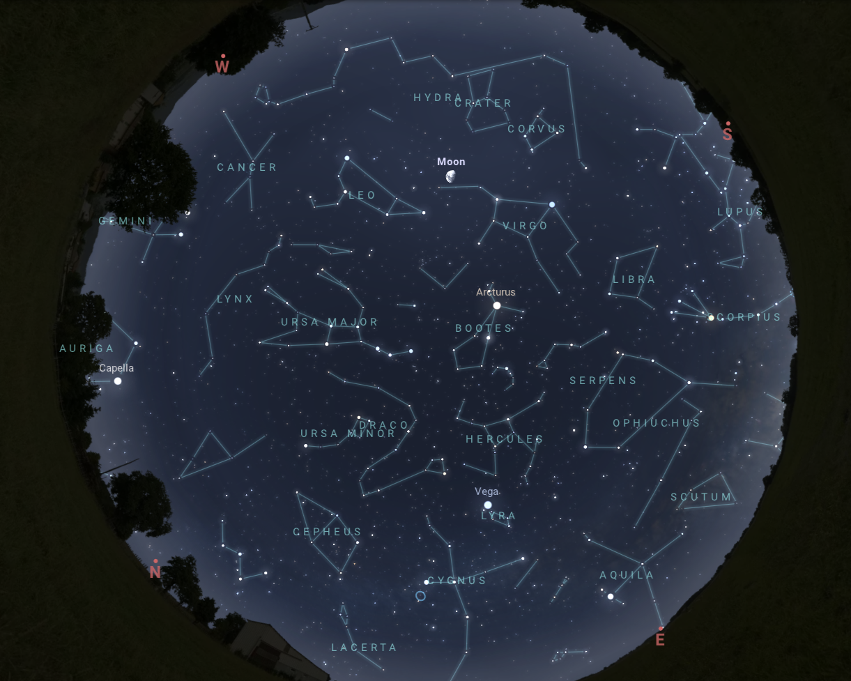 A map of constellations at night for mid-May 2024 in the Northern Hemisphere