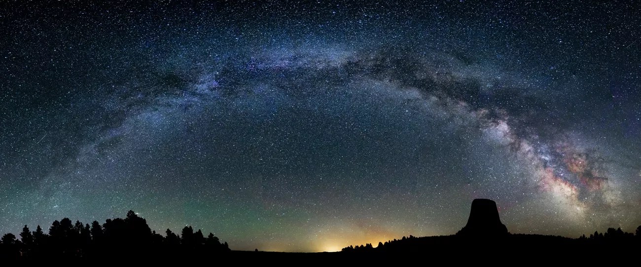 The disk of the Milky Way makes a blue bowl-shaped arc over the land and trees.