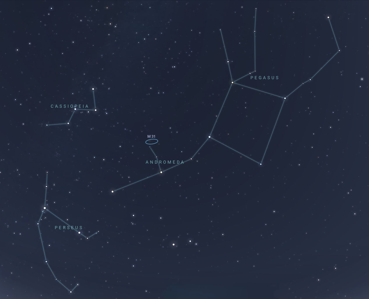 Sky map highlighting the Cassiopeia, Perseus, Andromeda and Pegasus constellations, with the Andromeda Galaxy circled