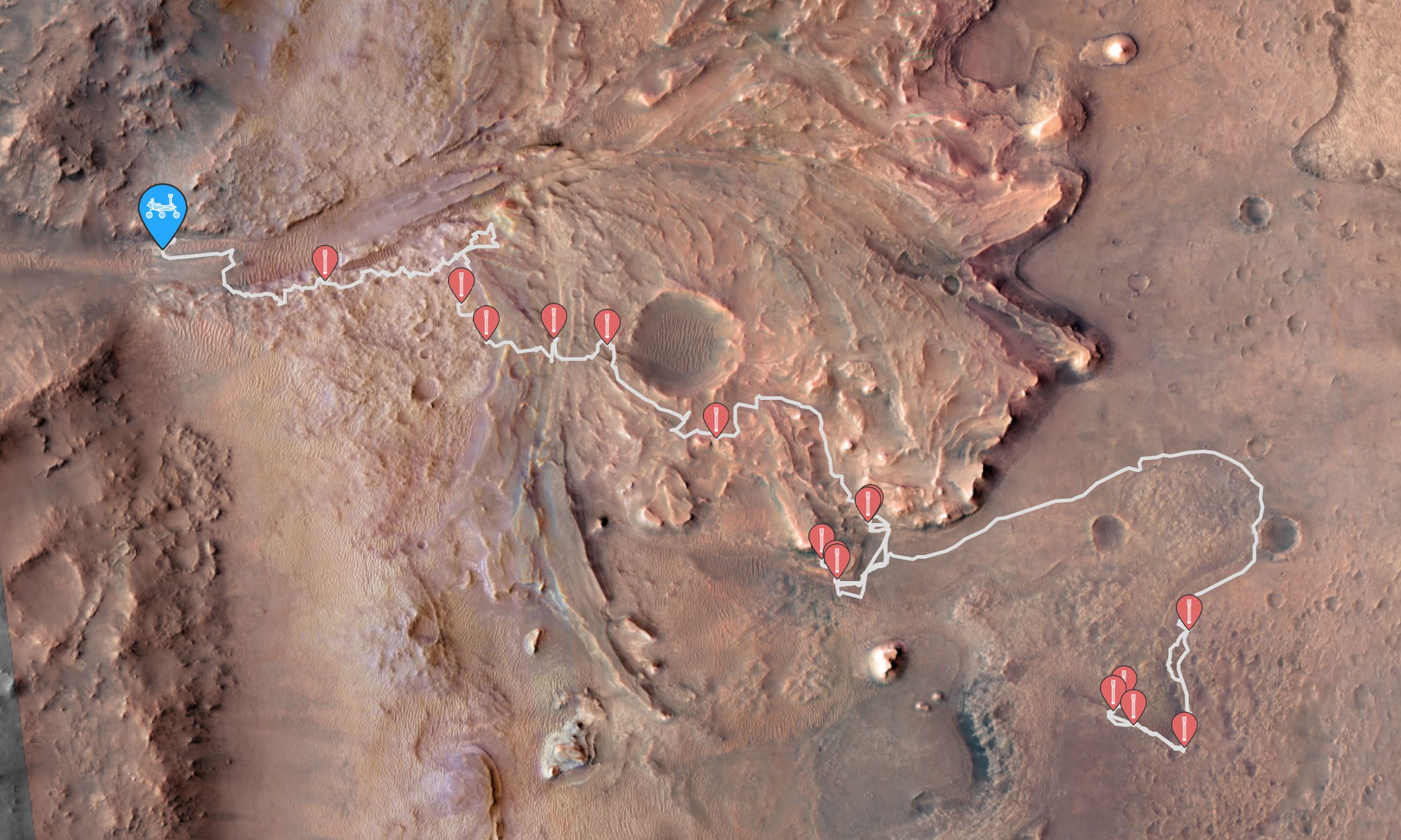 Location map of Mars with sample tube and Perseverance rover icons to depict the location of each object, along with a traverse path of Perseverance rover's drive.