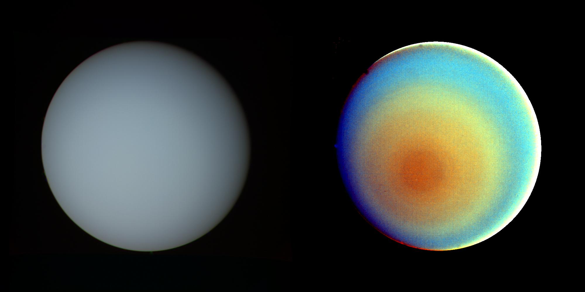Two images of Uranus side-by-side. The left image shows Uranus in its true light blue color. The right images reveals the atmosphere in false color.