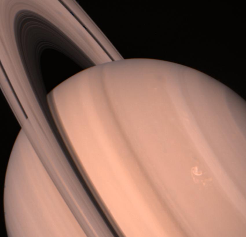 A view of Saturn, tilted at an at an angle.