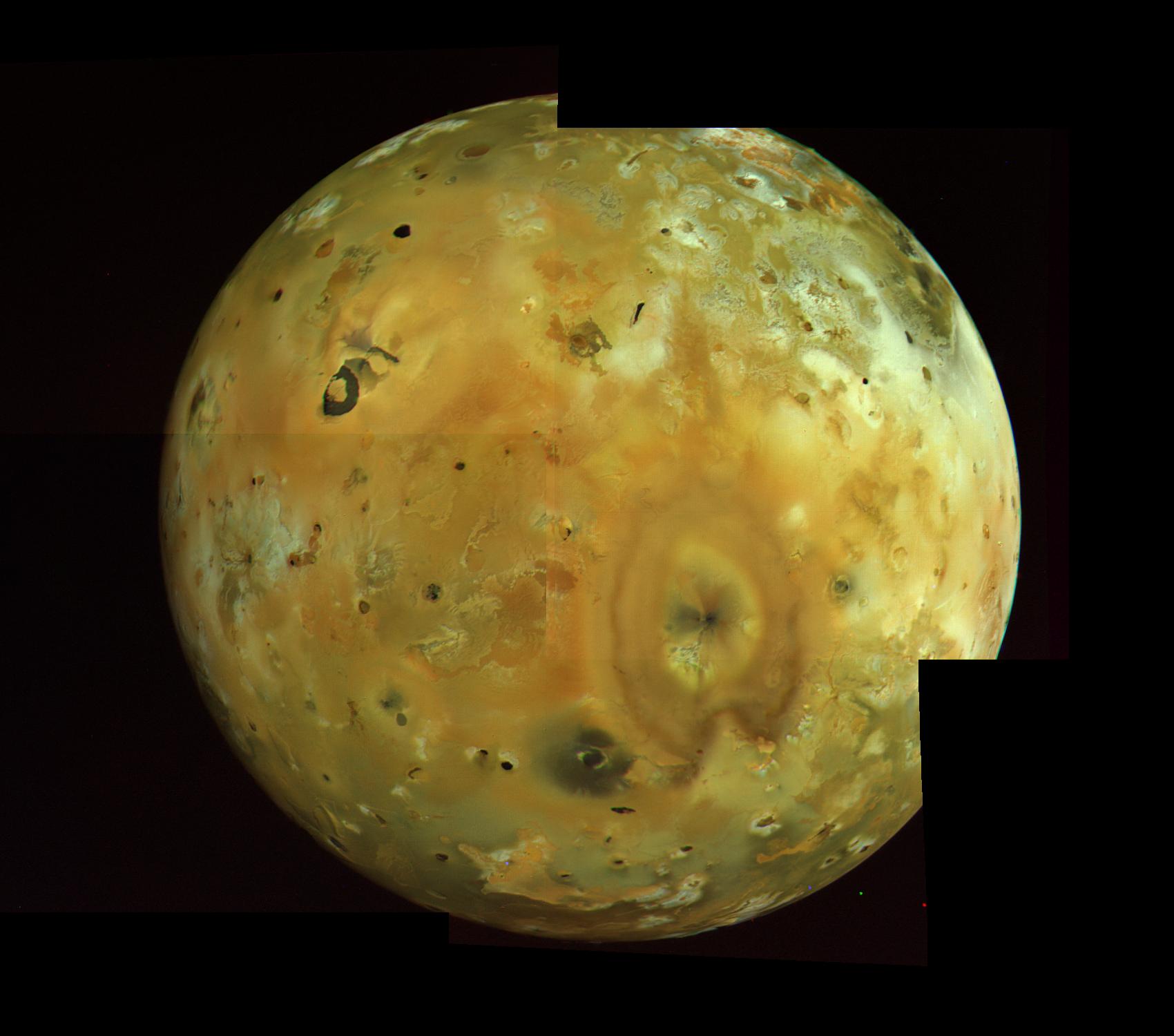 Io is mottled by eruptions from hundreds of volcanoes.