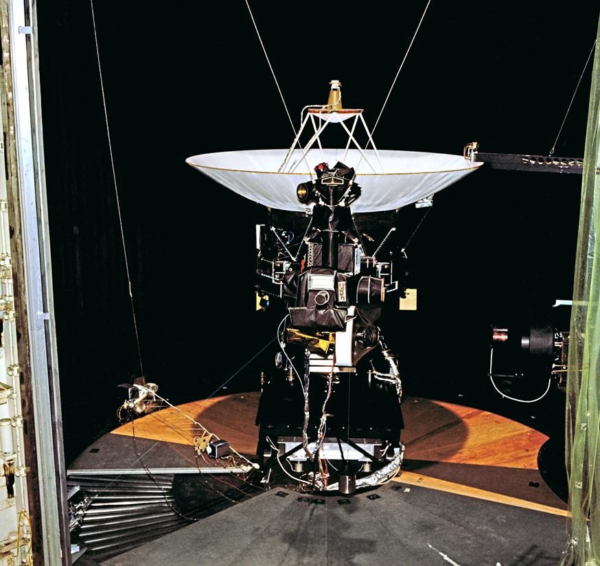 Voyager proof test model in the 25-foot space simulator chamber at NASA's Jet Propulsion Laboratory