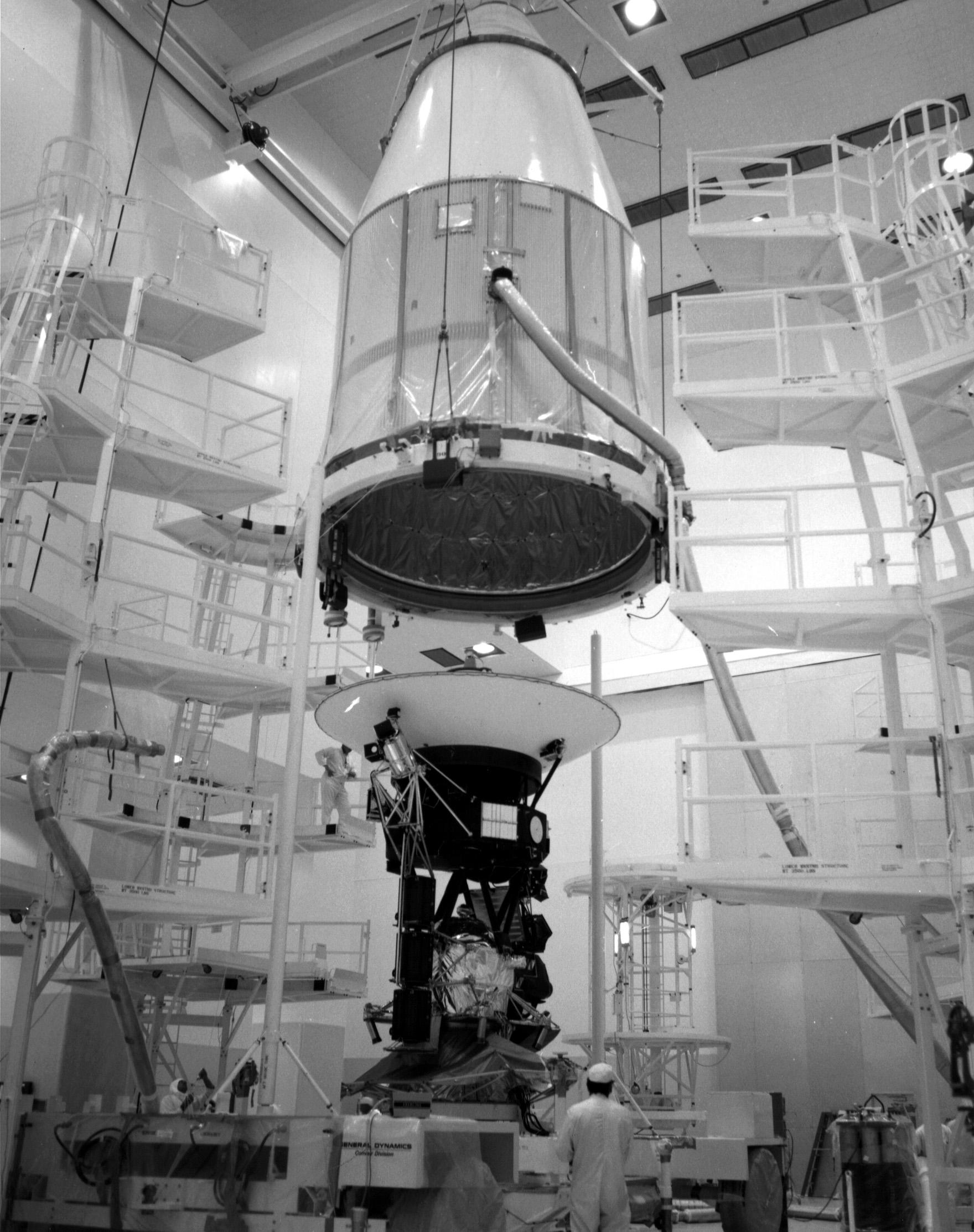 The Voyager 2 spacecraft, which was the first of the two Voyagers to launch, is seen at the Spacecraft Assembly and Encapsulation Facility-1 at NASA's Kennedy Space Center in Cape Canaveral, Florida. This archival photo is from August 1977. The spacecraft was put into this shroud on August 2, 1977, to protect it during flight through the atmosphere.