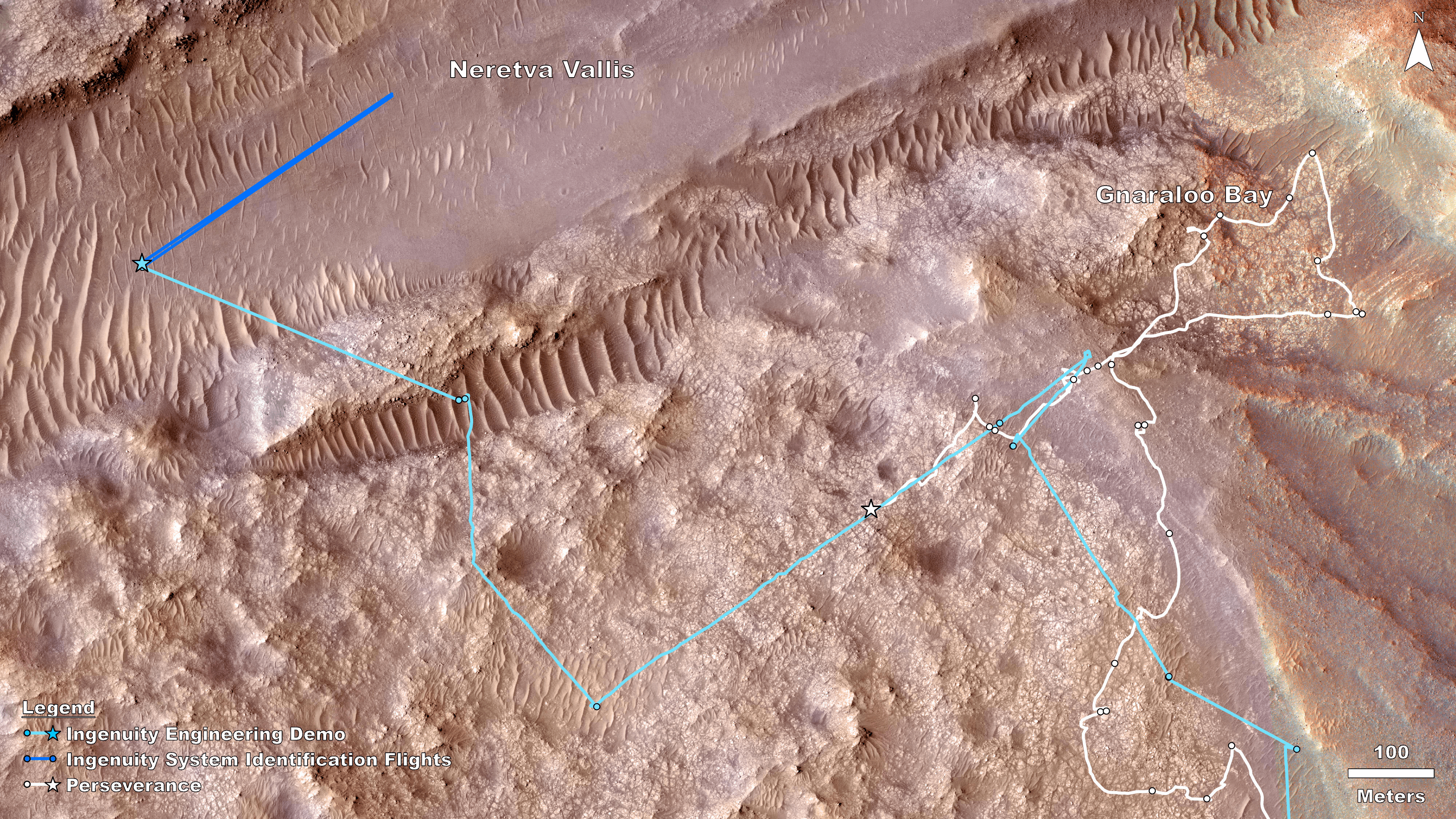 Rover, Helicopta Locations up in Jezero Crater
