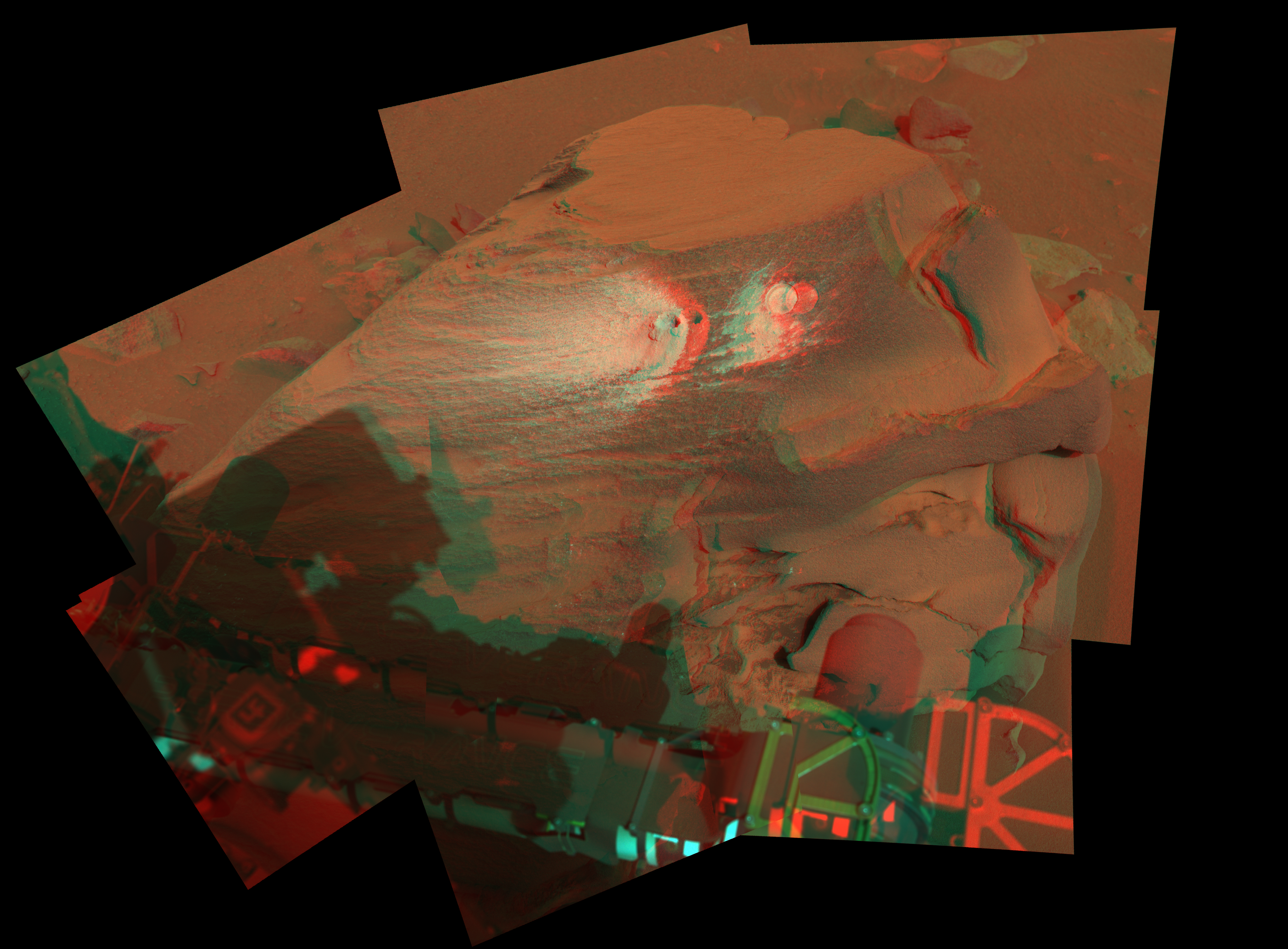 Figure B is the same mosaic, now composed of 16 images, in an anaglyph that can be viewed with red-blue 3D glasses.