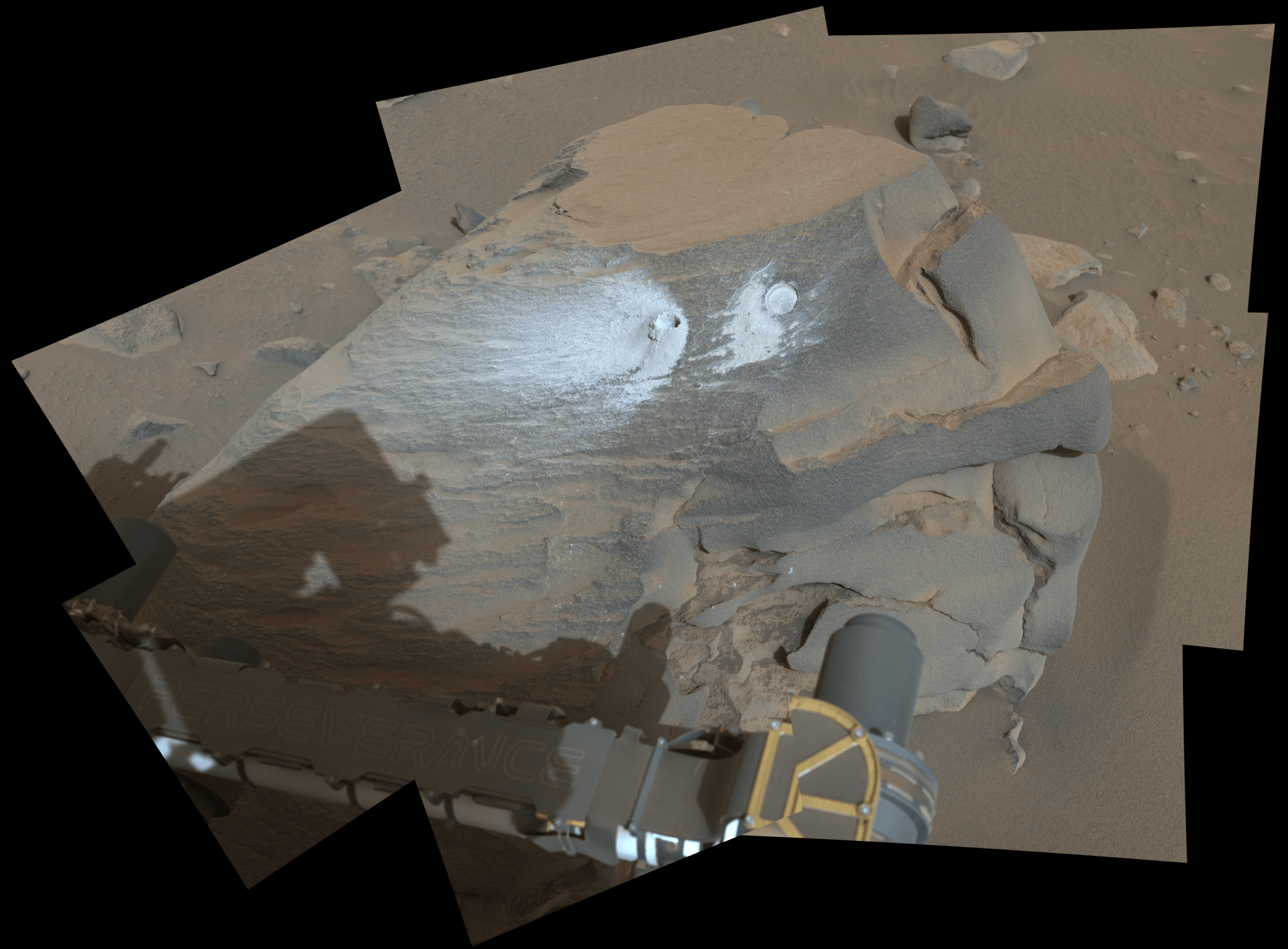 This view shows a rock nicknamed "Bunsen Peak" where NASA's Perseverance Mars rover extracted its 21st rock core (left) and abraded a circular patch (right) to investigate the rock's composition.