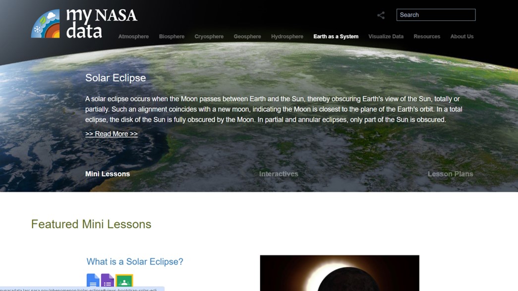 Screenshot of the webpage for My NASA Data: Solar Eclipse.