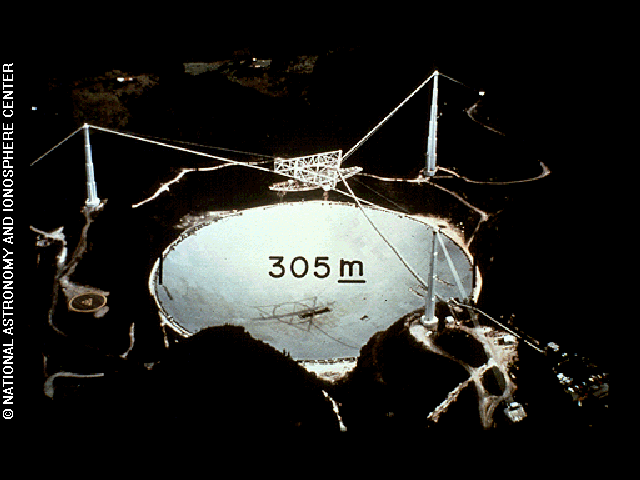 A large radio space telescope, labeled 305 m to indicate its size