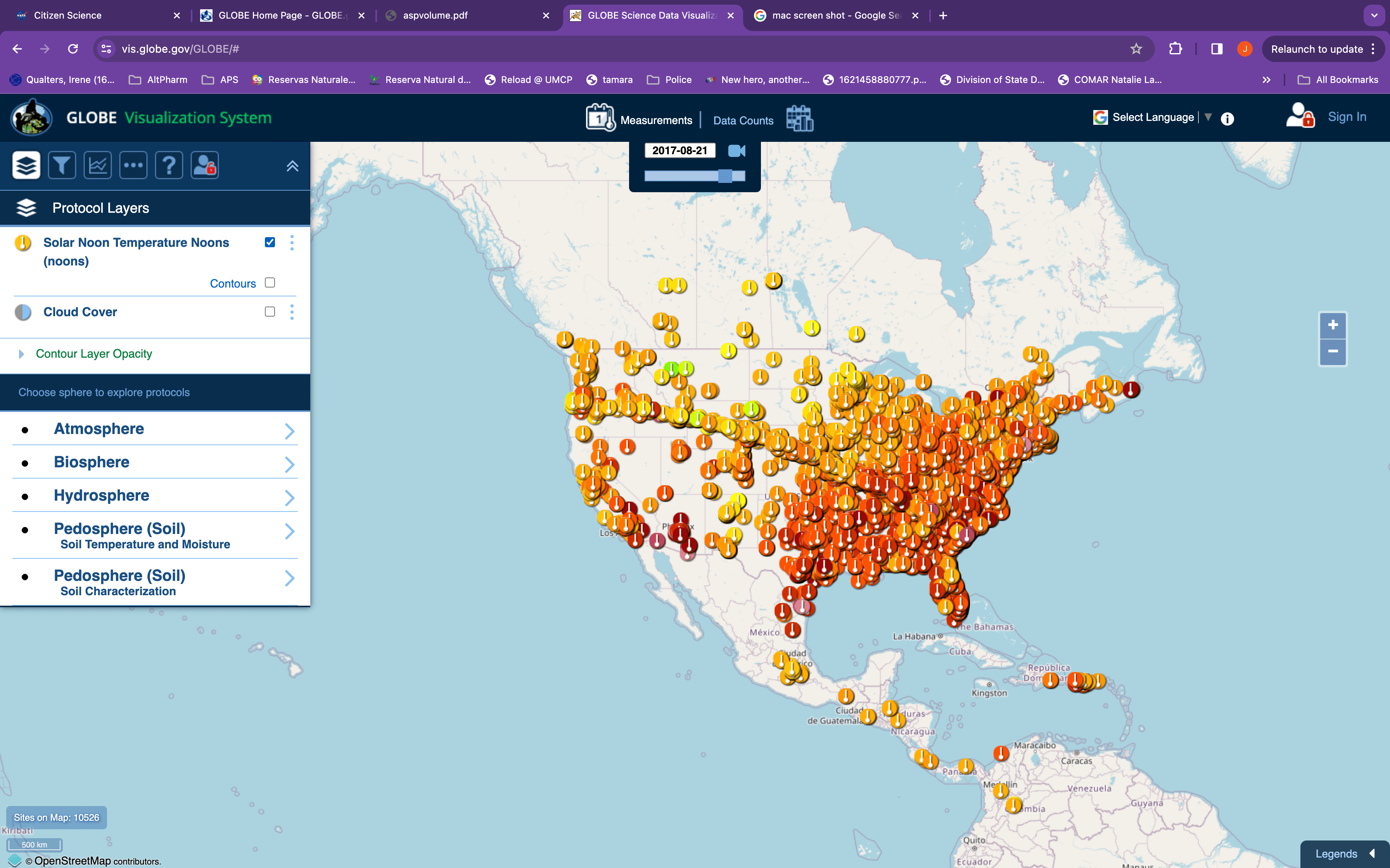 GLOBE program volunteers across North America uploaded data from locations marked on this map of data coinciding with the July 21, 2017 event. A high concentration of observers make the path of totality in the western part of the U.S. stand out.